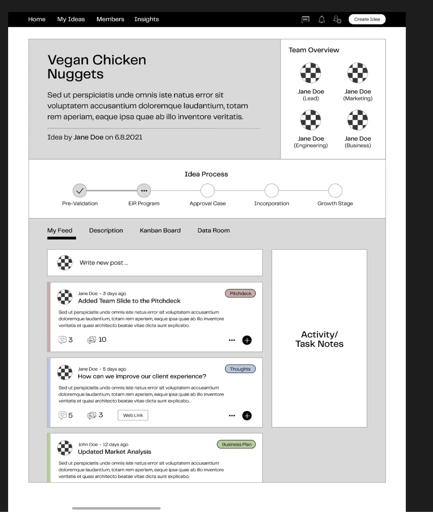 Idea detail page showing stage pipeline tabs